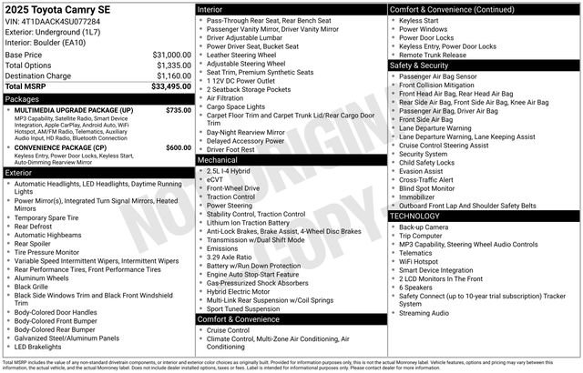 Used 2025 Toyota Camry SE w/ Multimedia Upgrade Package FWD image 7