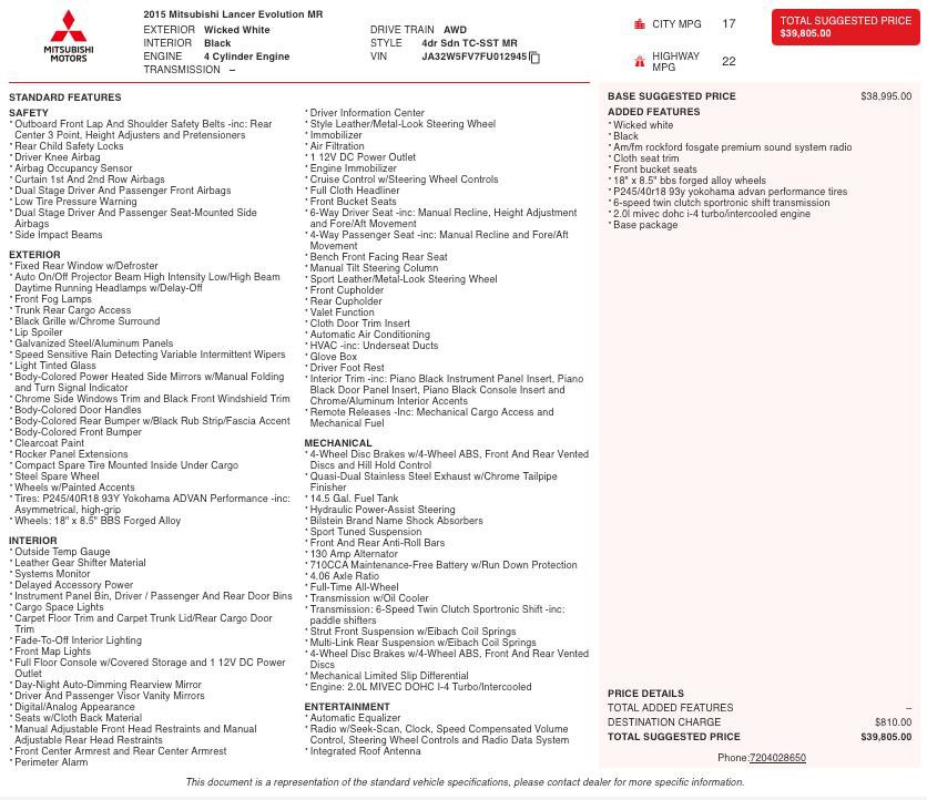 Used 2015 Mitsubishi Lancer Evolution MR image 2