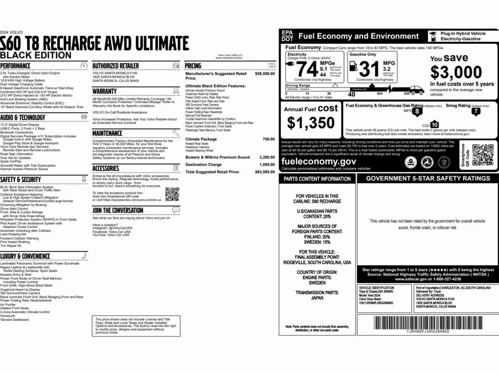 Used 2024 Volvo S60 T8 Ultimate w/ Climate Package image 2