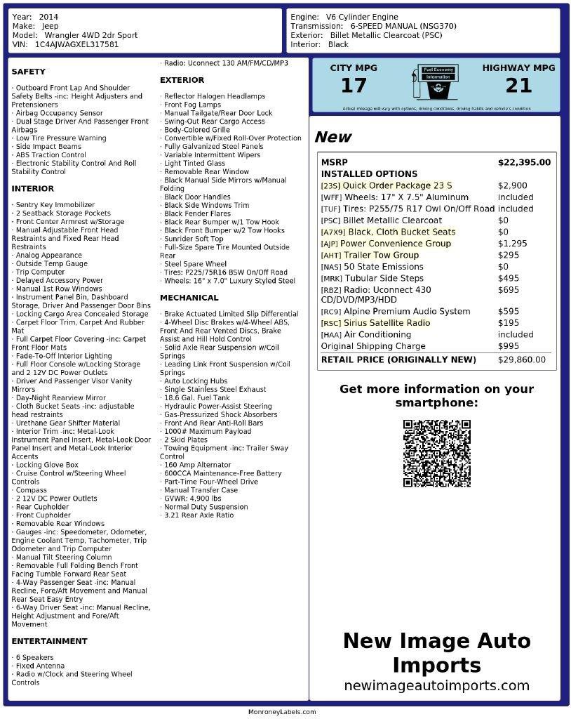 Used 2014 Jeep Wrangler Sport w/ Quick Order Package 23S AWD/4WD image 2