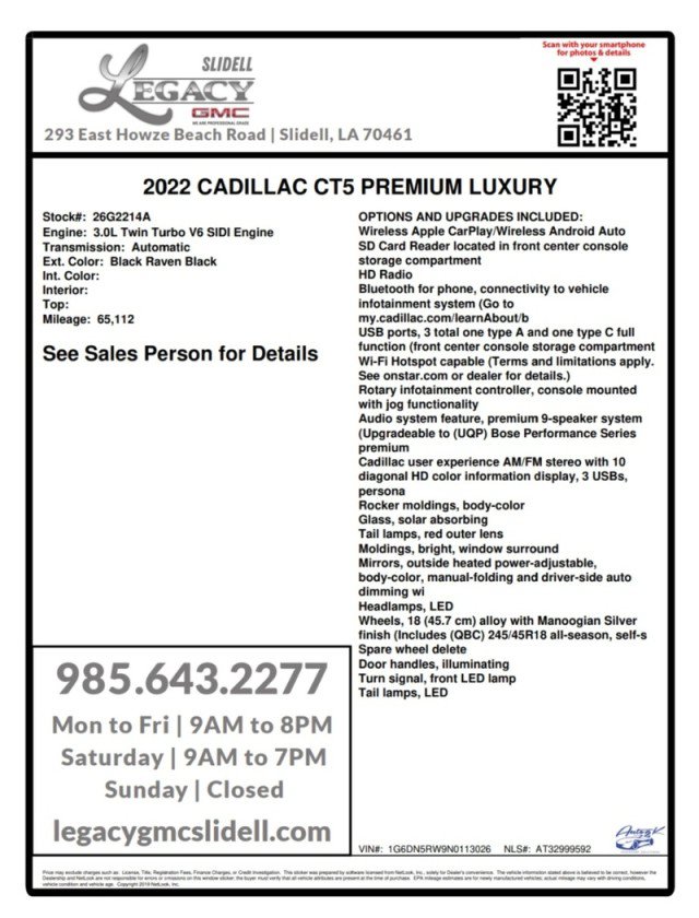 Used 2022 Cadillac CT5 Premium Luxury w/ Parking Package RWD image 30
