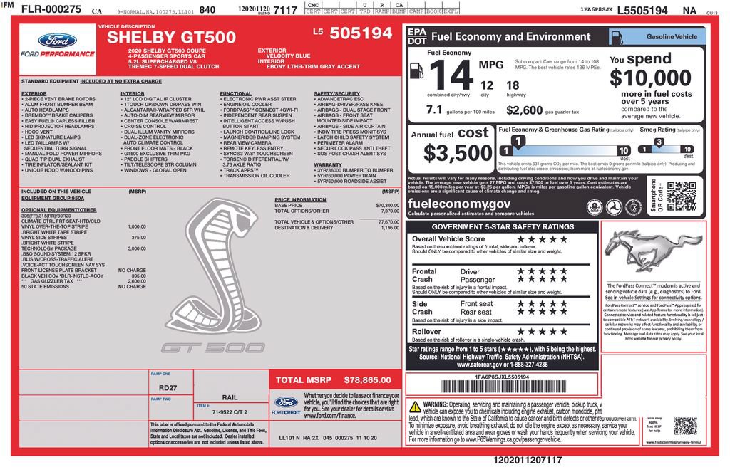 Certified 2020 Ford Mustang Shelby GT500 w/ Technology Package RWD image 3