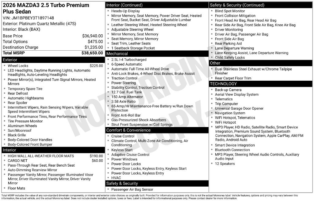 New 2026 MAZDA MAZDA3 2.5 Turbo Sedan w/Premium Plus AWD/4WD image 22