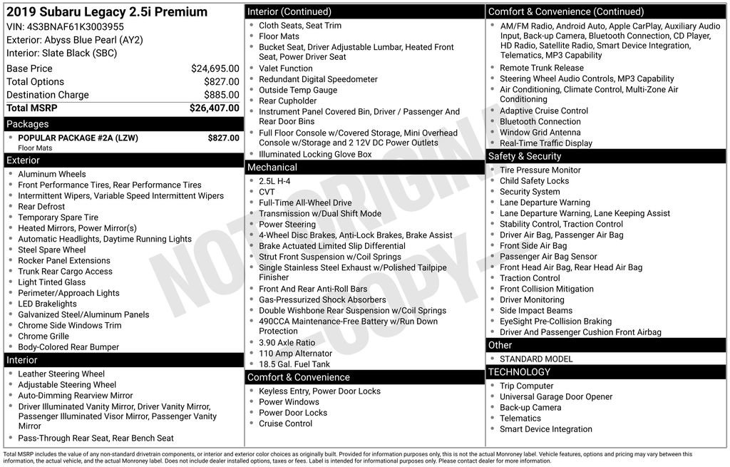 Used 2019 Subaru Legacy 2.5i Premium w/ Popular Package #2A image 2