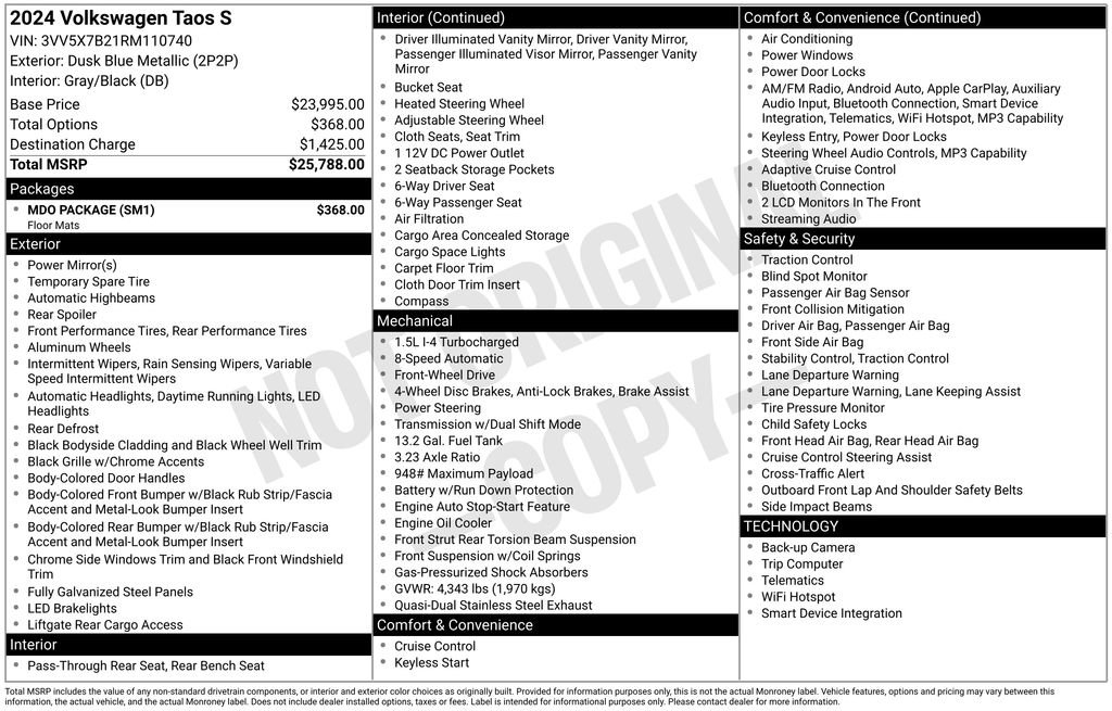 Used 2024 Volkswagen Taos S w/ MDO Package image 6