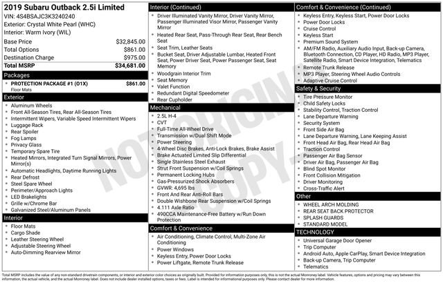 Used 2019 Subaru Outback 2.5i Limited w/ Protection Package #1 image 28