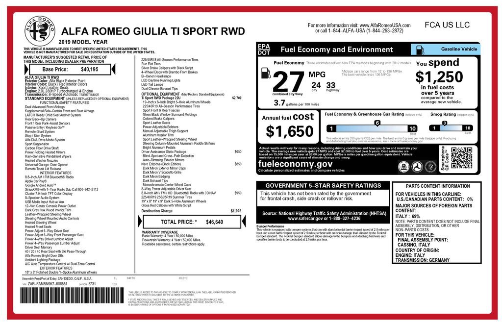 Used 2019 Alfa Romeo Giulia Ti Sport w/ Quick Order Package 22U Sport image 7