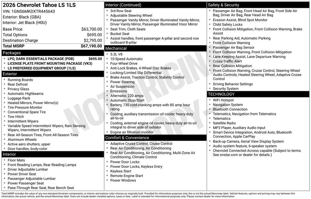 New 2026 Chevrolet Tahoe LS w/ LPO, Dark Essentials Package AWD/4WD image 6