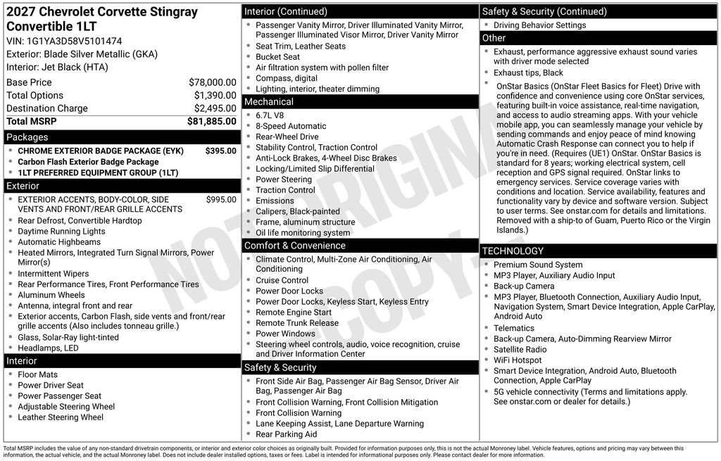 New 2027 Chevrolet Corvette Stingray Convertible w/ Chrome Exterior Badge Package RWD image 4