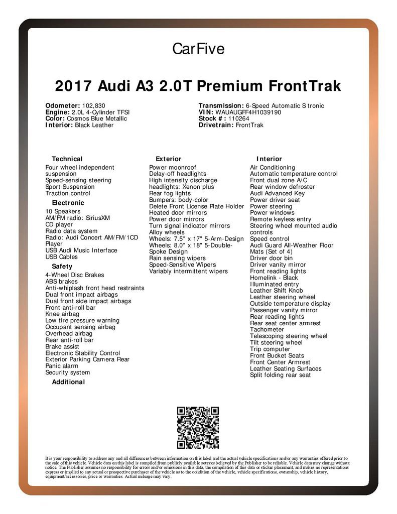 Used 2017 Audi A3 2.0T Premium w/ Convenience Package FWD image 32