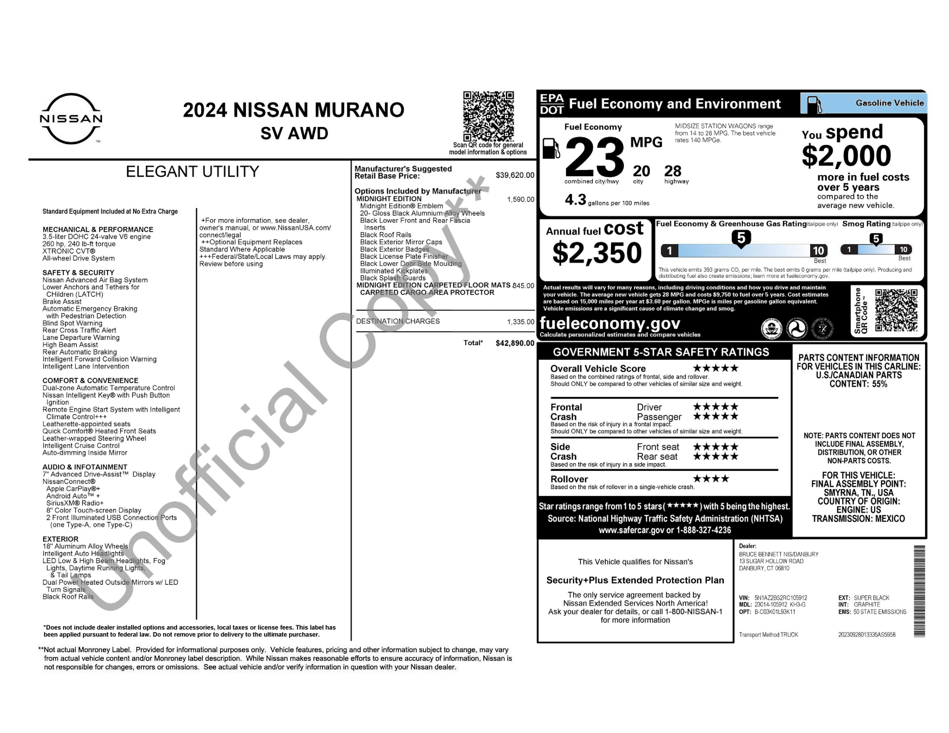 Used 2024 Nissan Murano SV w/ SV Midnight Edition Package AWD/4WD image 2