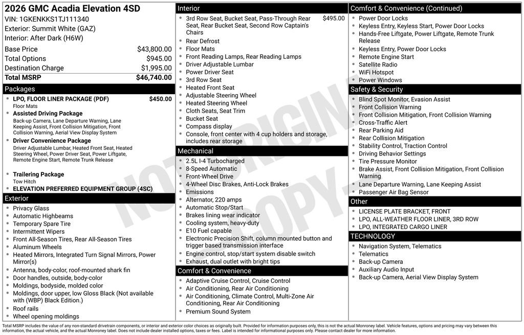 New 2026 GMC Acadia Elevation w/ LPO, Floor Liner Package image 6