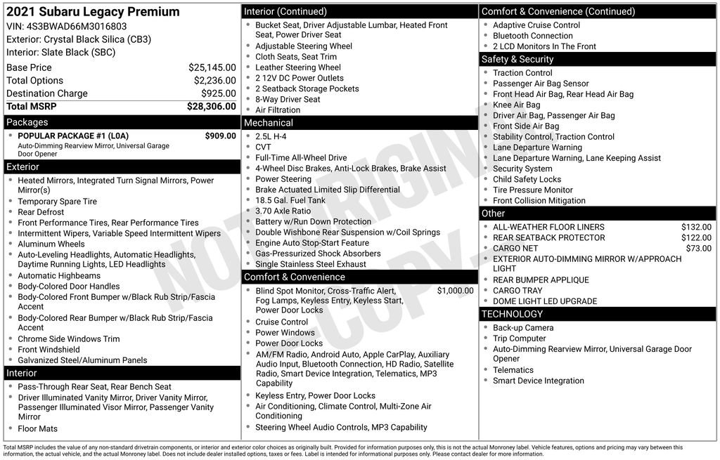 Used 2021 Subaru Legacy Premium w/ Popular Package #1 image 8