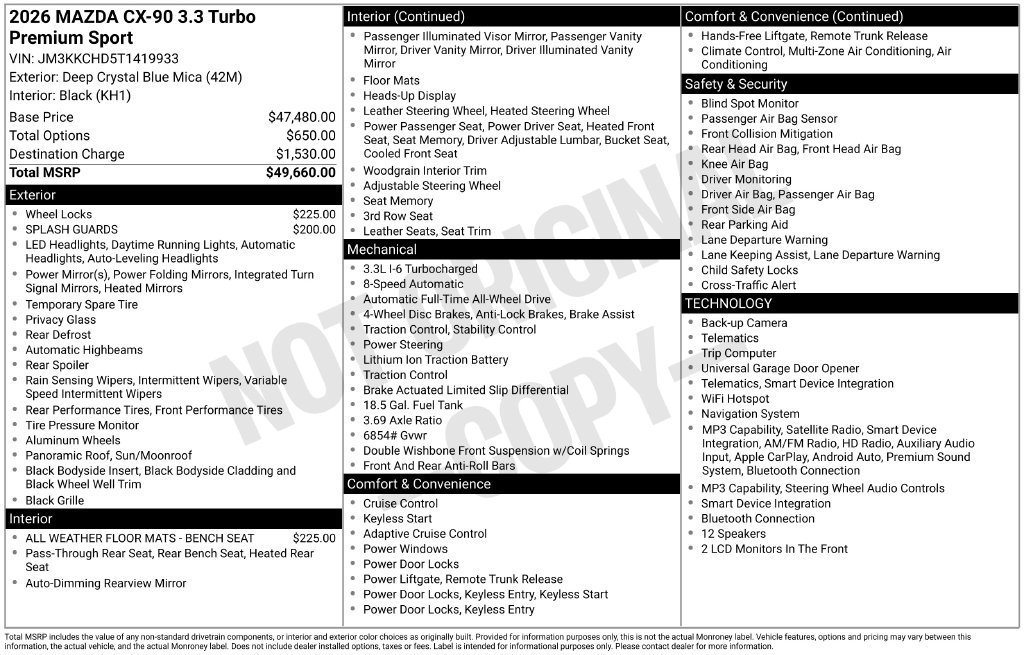 New 2026 MAZDA CX-90 3.3 Turbo w/ Premium Sport Pkg AWD/4WD image 10