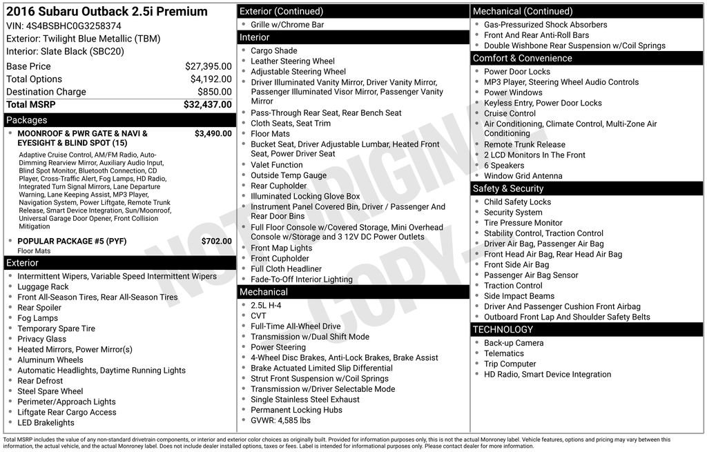 Used 2016 Subaru Outback 2.5i Premium image 33