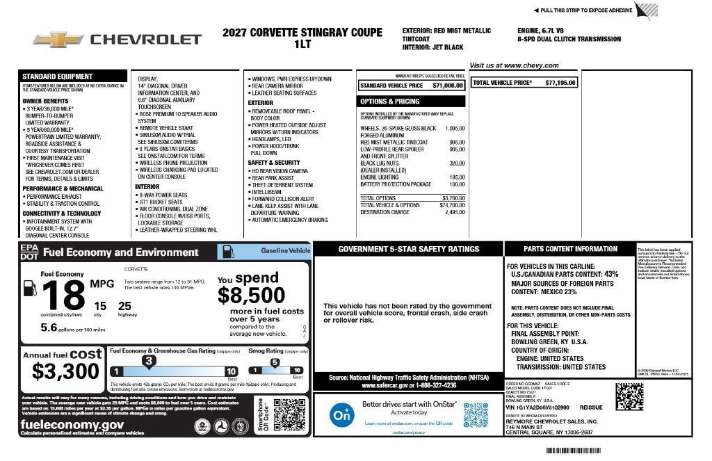 New 2027 Chevrolet Corvette Stingray Coupe w/ Battery Protection Package RWD image 3