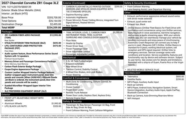 New 2027 Chevrolet Corvette ZR1 w/ ZR1 Carbon Fiber Aero Package RWD image 4