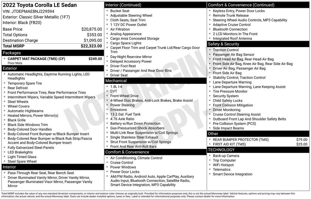 Used 2022 Toyota Corolla LE w/ Carpet Mat Package (TMS) FWD image 5