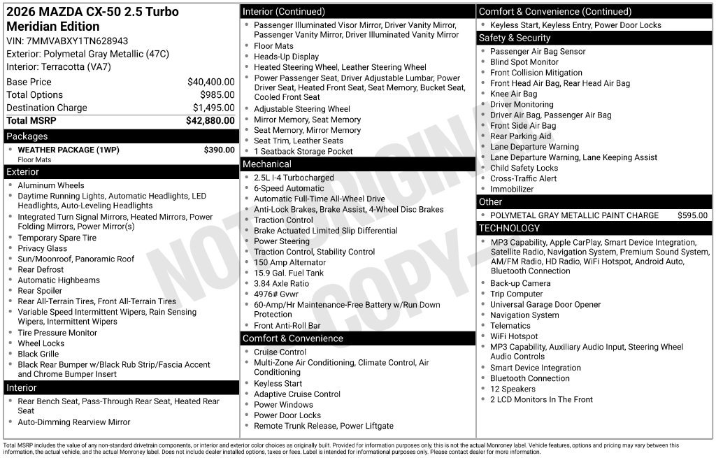 New 2026 MAZDA CX-50 Meridian Edition w/ Weather Package AWD/4WD image 2
