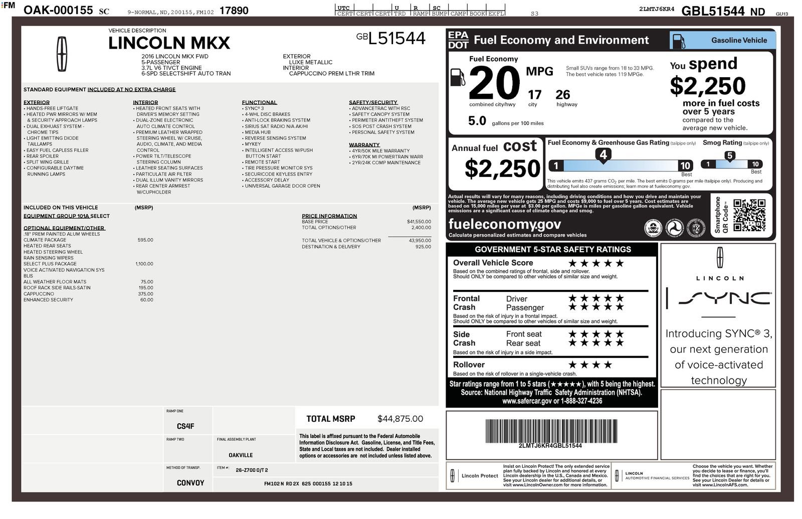 Used 2016 Lincoln MKX Select w/ Select Plus Package FWD image 1