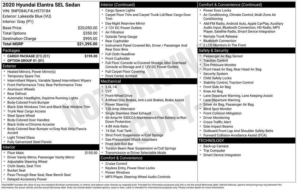Used 2020 Hyundai Elantra SEL w/ Cargo Package (C1) image 2