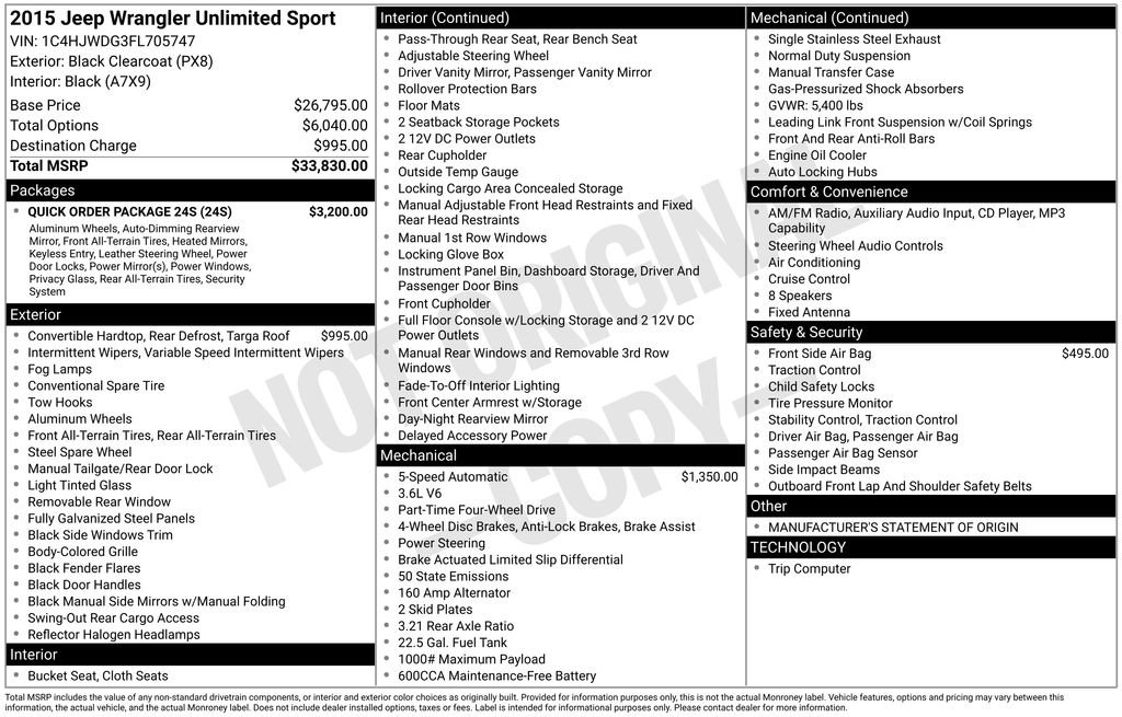 Used 2015 Jeep Wrangler Unlimited Sport w/ Quick Order Package 24S AWD/4WD image 6