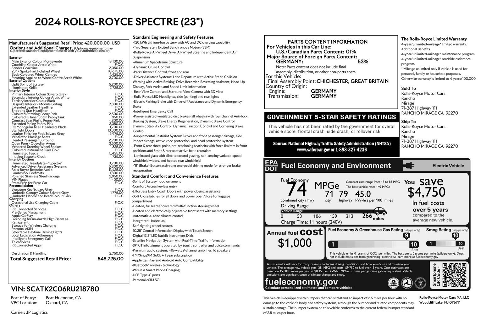 Used 2024 Rolls-Royce Spectre w/ Leather Finishing Pack AWD/4WD image 54