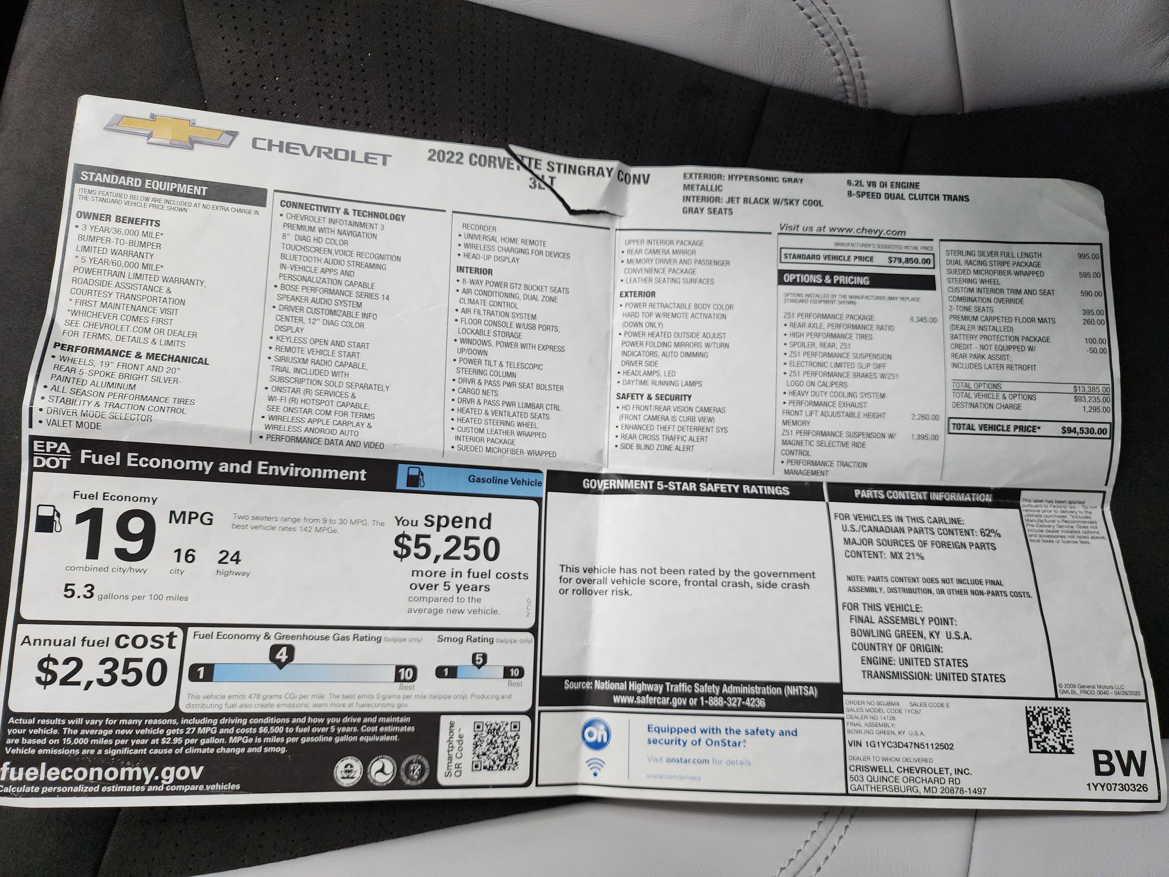 Used 2022 Chevrolet Corvette Stingray Premium Conv w/ Z51 Performance Package image 37