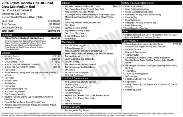 New 2026 Toyota Tacoma TRD Off-Road w/ TRD Off Road Upgrade Package AWD/4WD image 1