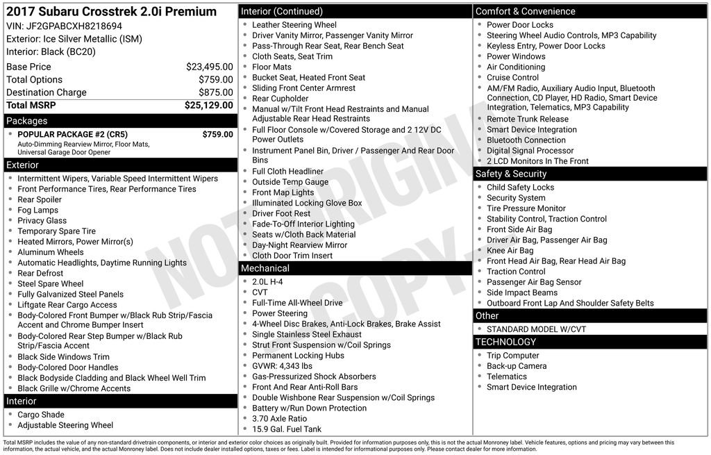 Used 2017 Subaru Crosstrek 2.0i Premium w/ Popular Package #2 AWD/4WD image 6