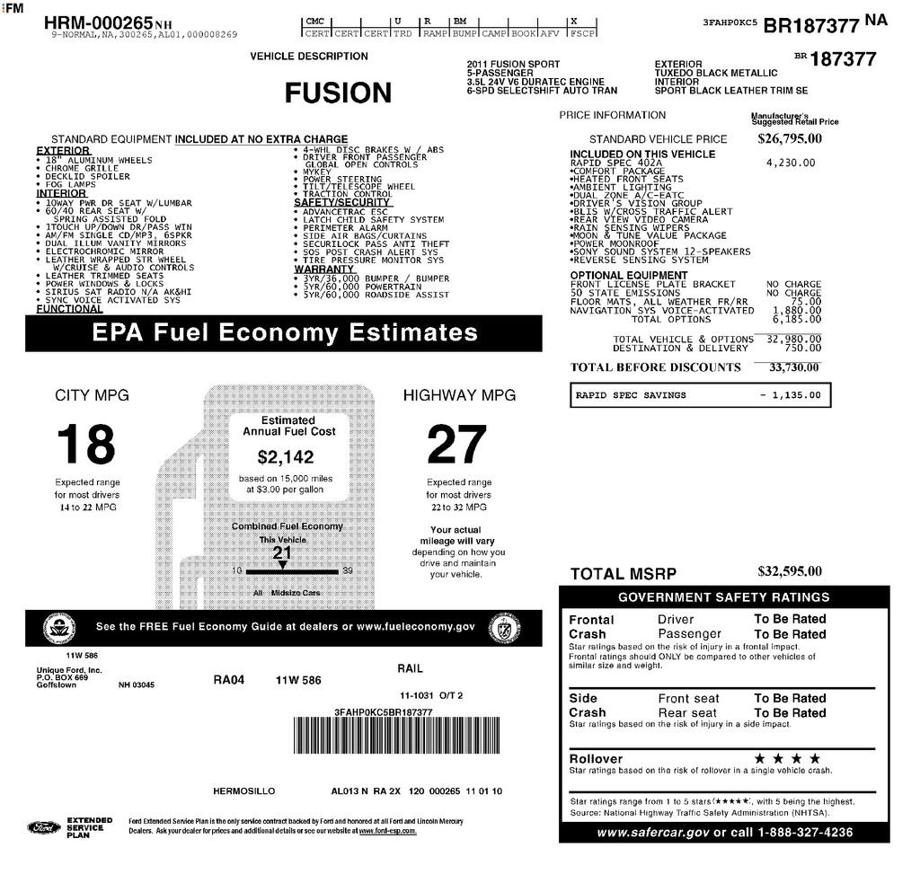 Used 2011 Ford Fusion Sport w/ 402A Rapid Spec Order Code FWD image 3