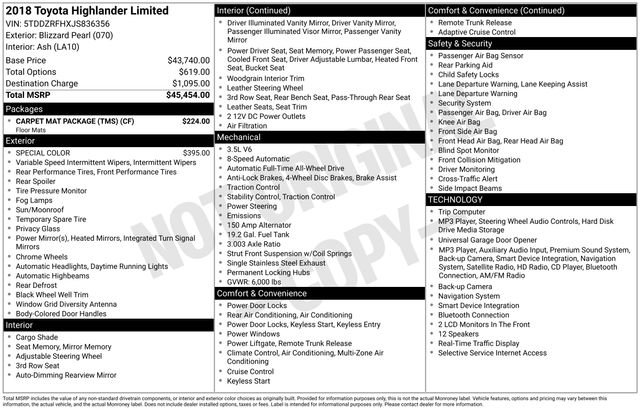 Used 2018 Toyota Highlander Limited w/ Carpet Mat Package (TMS) AWD/4WD image 7