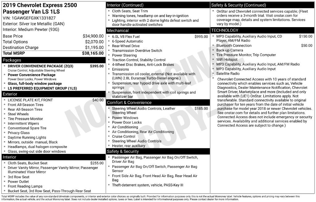 Used 2019 Chevrolet Express 2500 LS w/ Driver Convenience Package