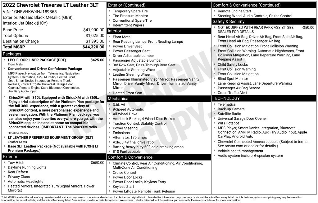 Used 2022 Chevrolet Traverse LT w/ LPO, Floor Liner Package AWD/4WD image 9