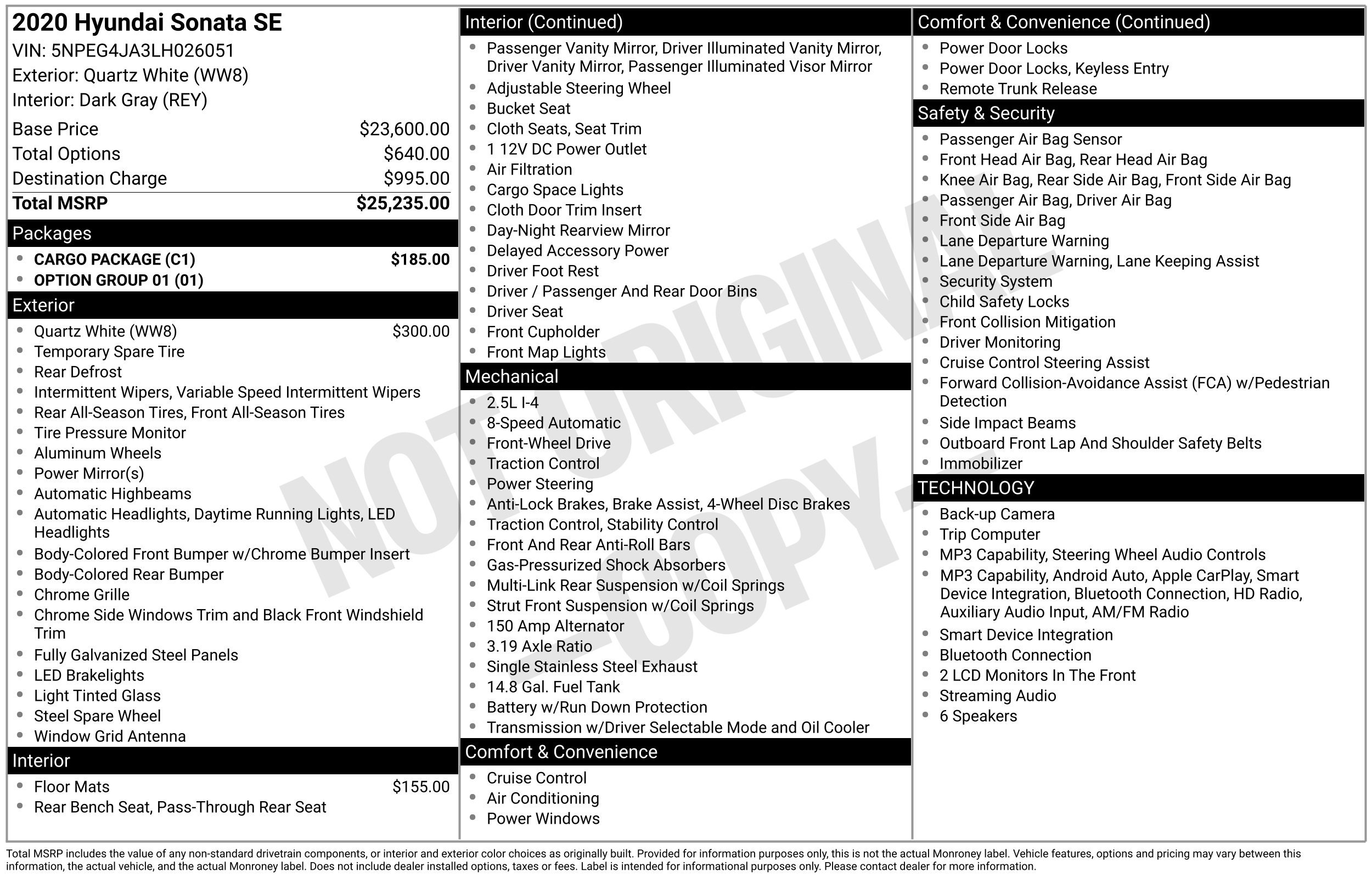 Used 2020 Hyundai Sonata SE w/ Cargo Package FWD image 2