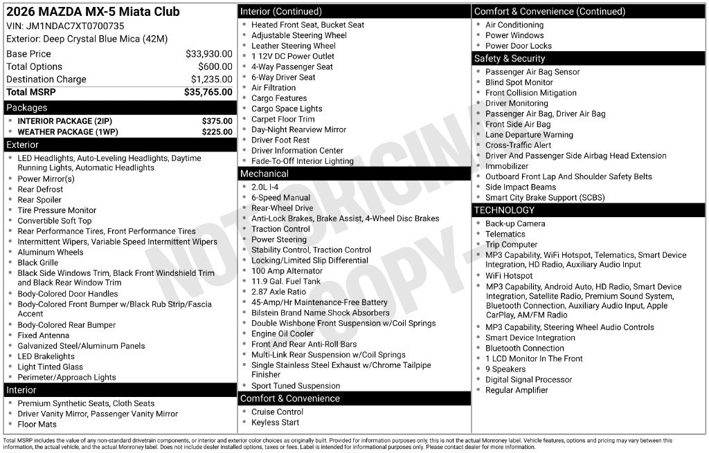 New 2026 MAZDA MX-5 Miata Club w/ Interior Package RWD image 3