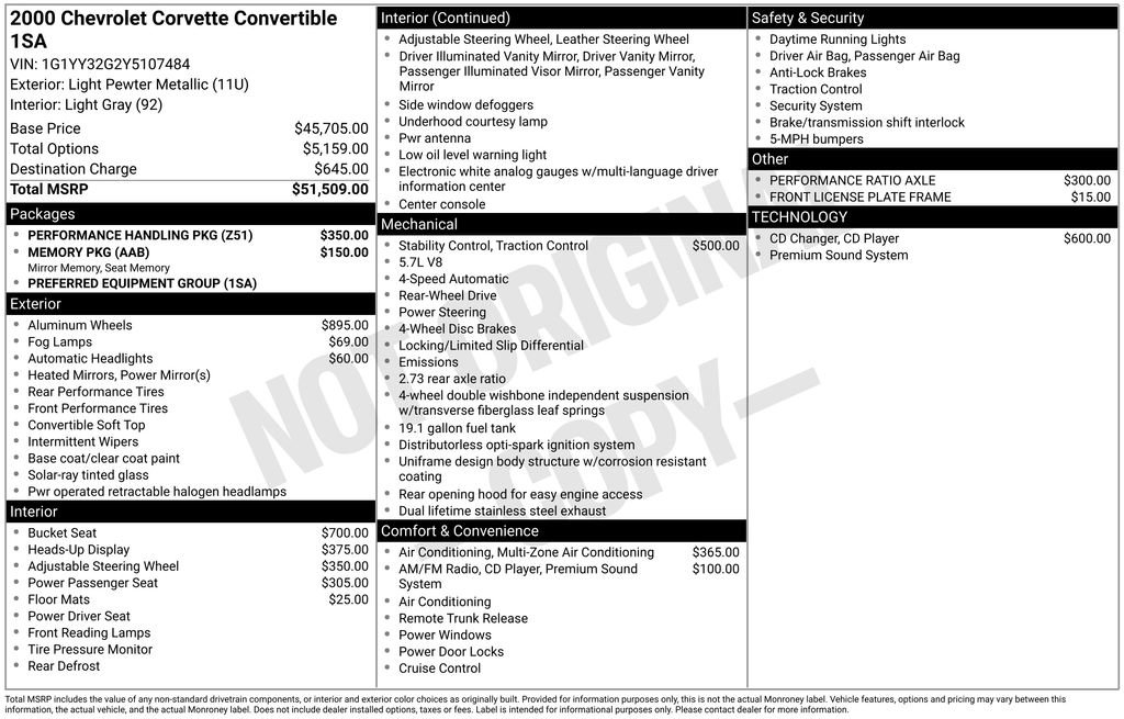 Used 2000 Chevrolet Corvette Convertible w/ Performance Handling Pkg RWD image 4