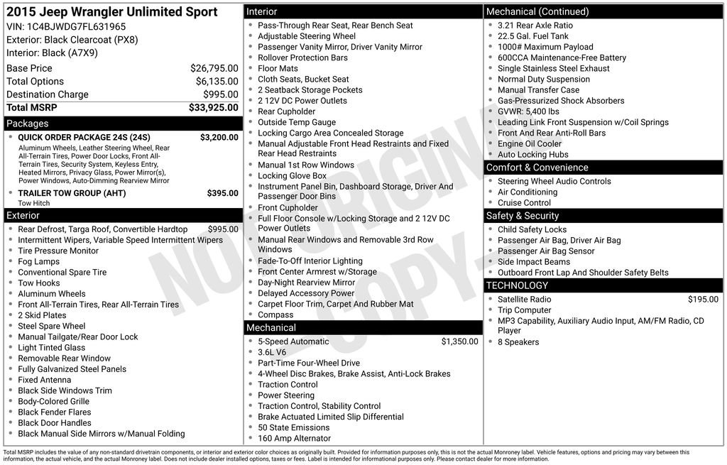 Used 2015 Jeep Wrangler Unlimited Sport w/ Quick Order Package 24S AWD/4WD image 2