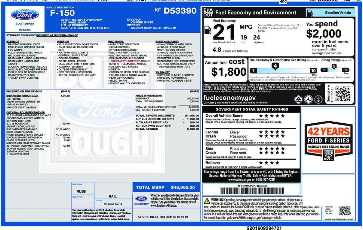 Used 2019 Ford F150 XLT w/ Equipment Group 302A Luxury AWD/4WD image 3