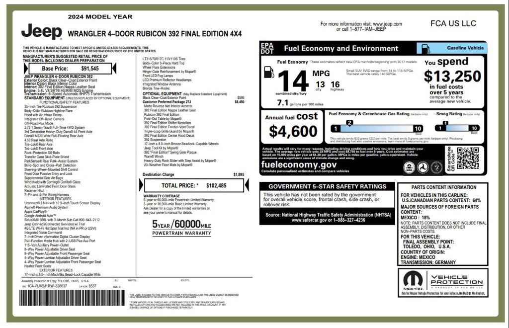 Certified 2024 Jeep Wrangler Unlimited Rubicon 392 AWD/4WD image 3