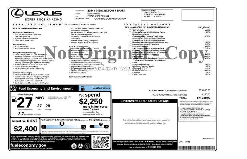 Used 2024 Lexus RX 500h F Sport w/ Convenience Package AWD/4WD image 2