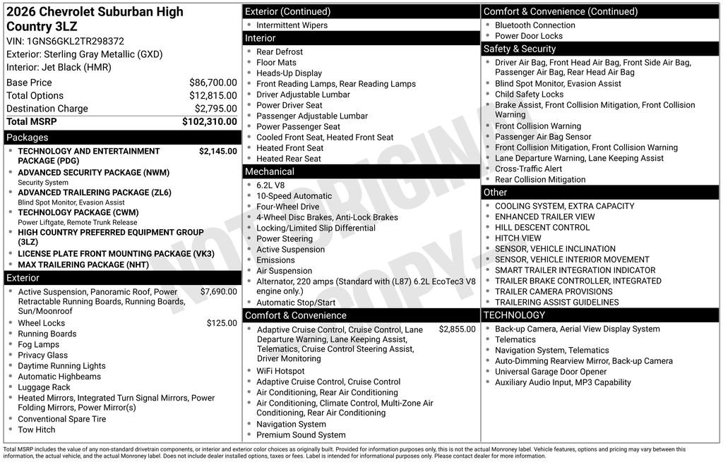 New 2026 Chevrolet Suburban High Country AWD/4WD image 3