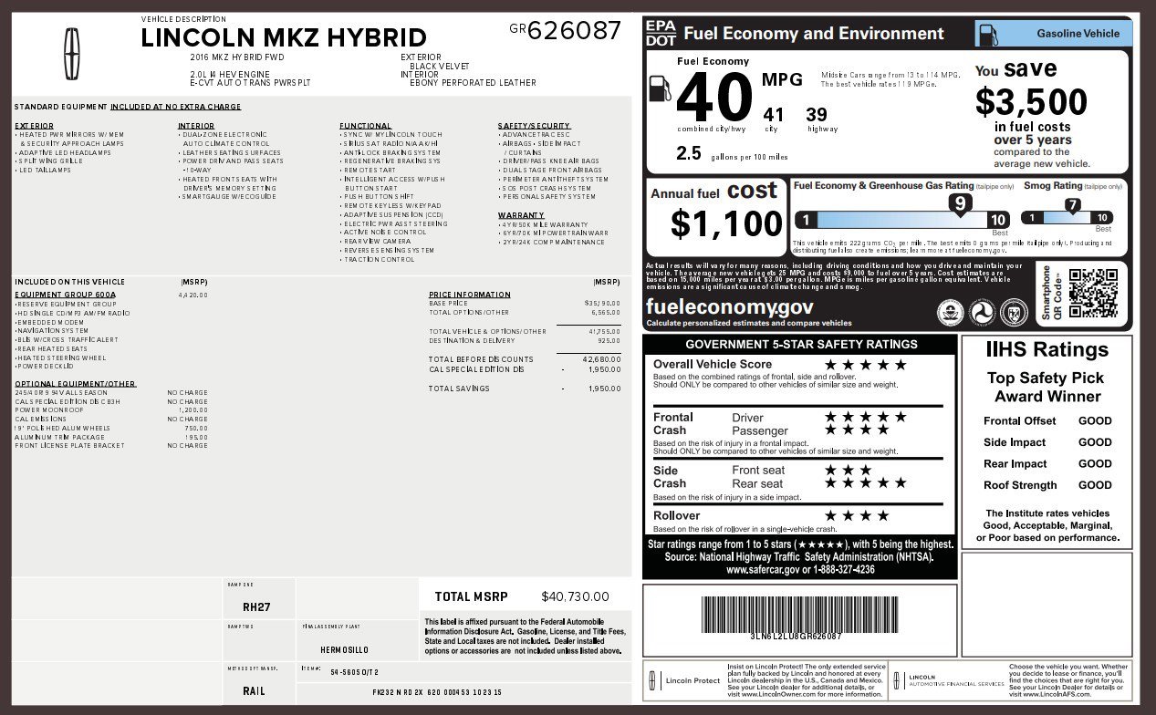 Used 2016 Lincoln MKZ Hybrid w/ Equipment Group 600A Reserve image 4