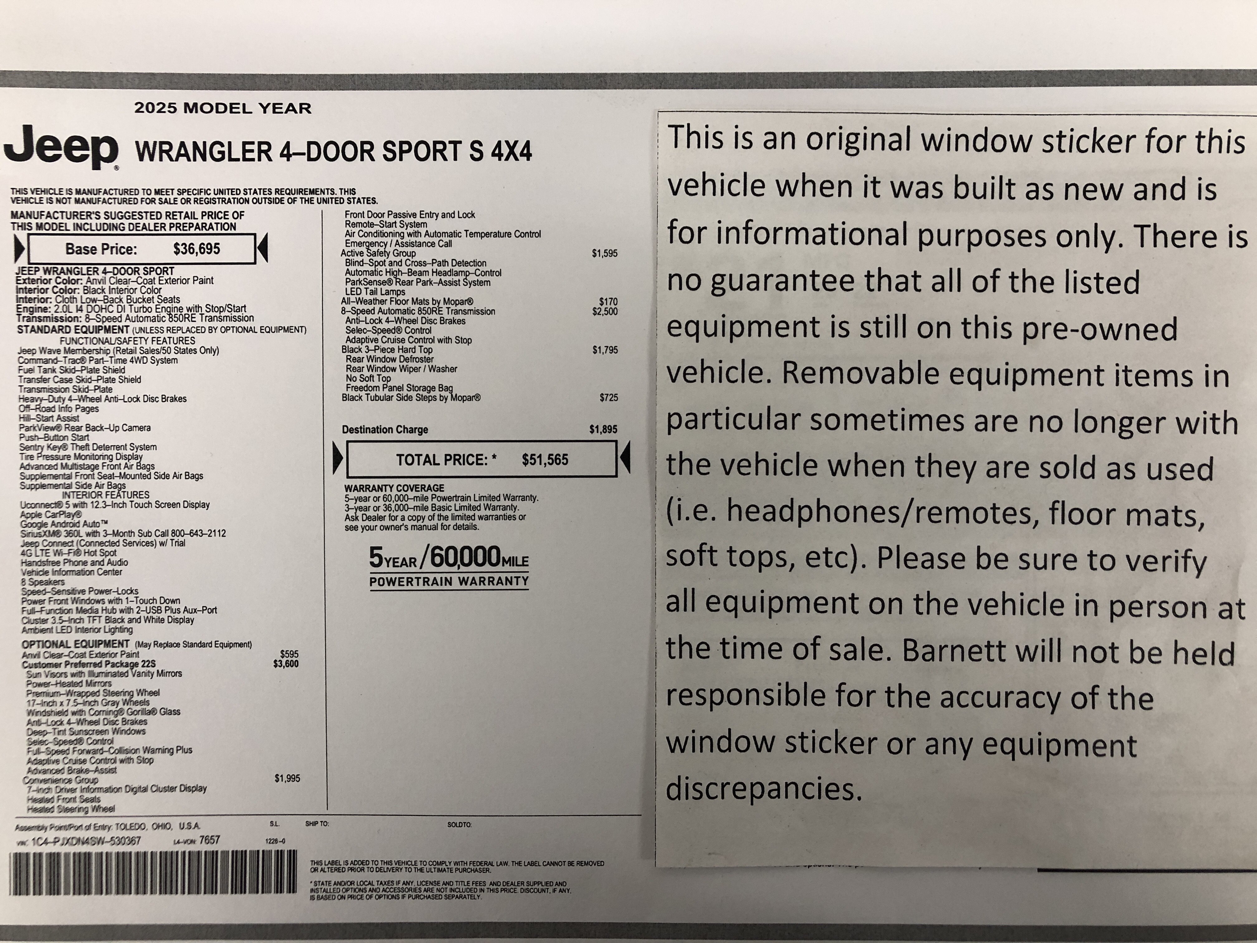 Certified 2025 Jeep Wrangler Unlimited Sport AWD/4WD image 2