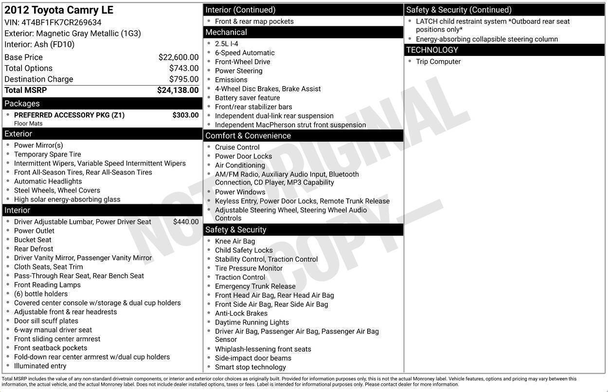 Used 2012 Toyota Camry LE w/ Preferred Accessory Pkg FWD image 3