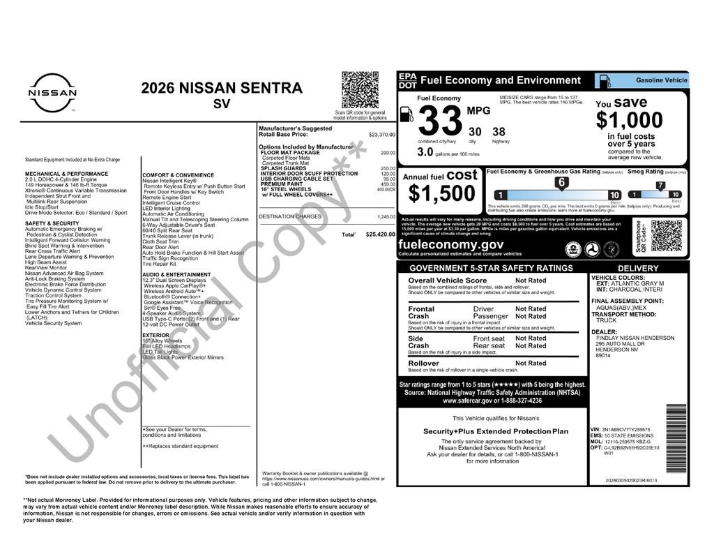 New 2026 Nissan Sentra SV w/ Floor Mat Package FWD image 4