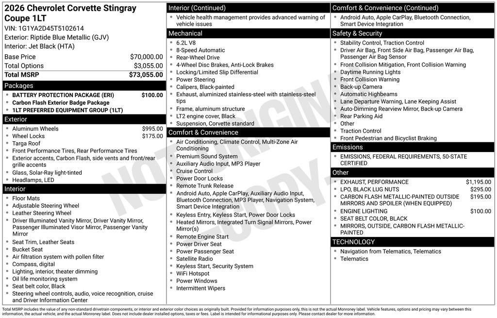 New 2026 Chevrolet Corvette Stingray Coupe w/ Battery Protection Package image 4