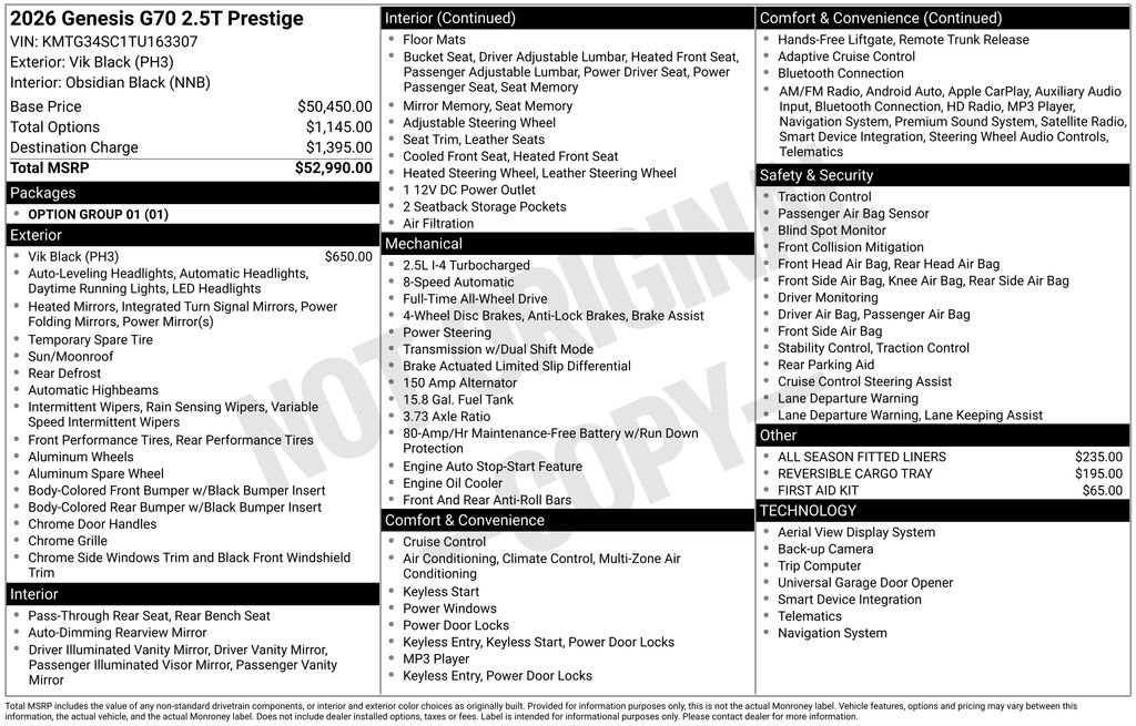 New 2026 Genesis G70 2.5T Prestige image 3