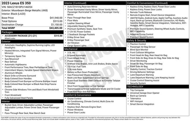 Used 2023 Lexus ES 350 w/ Accessory Package (Z1)