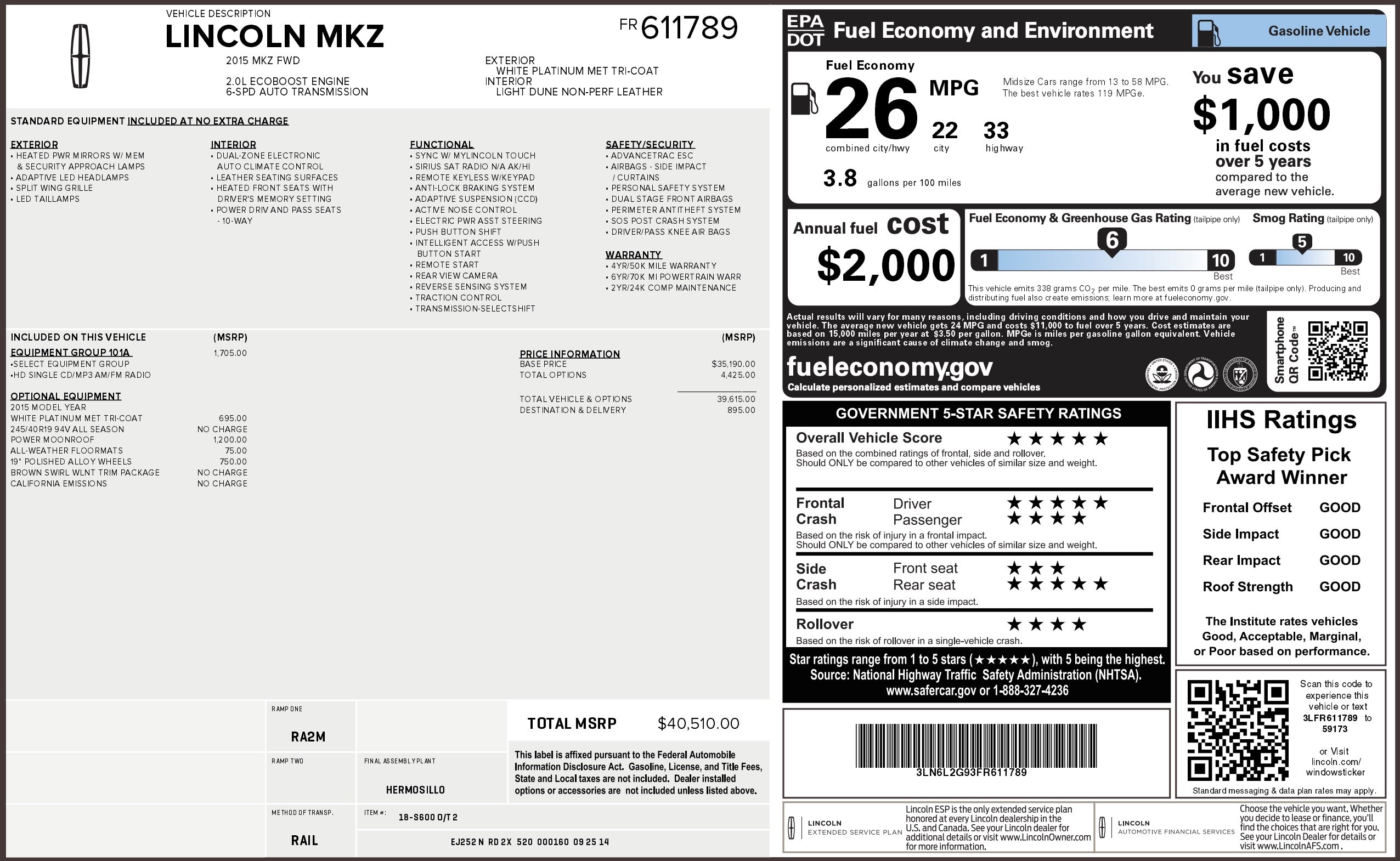 Used 2015 Lincoln MKZ w/ Equipment Group 101A Select image 3